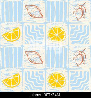 Amalfi style tile seamless pattern with lemons. Retro square citrus abstract background. Coastal stylized juicy Italian majolica. Mediterranean aesthe Stock Vector