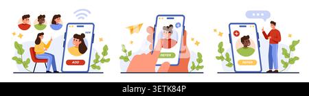 Refer a friend phone vector set with people adding contacts, sending invitations, earning rewards using smartphone referral program for social media marketing and customer acquisition isolated Stock Vector