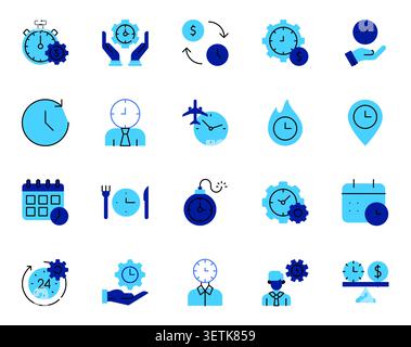 Time Management Filled Icons Set Editable Stroke Vector Illustration. Clock, Calendar, Schedule, Deadline and Productivity Stock Vector