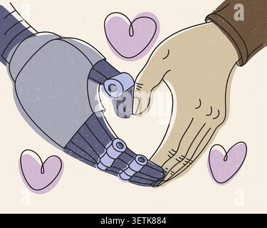Touch between human hand and robotic hand, symbolizing trust, compassion, inclusion, accessibility, innovation, support, and cooperation Stock Vector