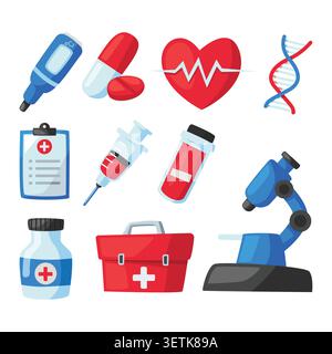 Medical healthcare and science equipment collection for diagnosis and patient treatment needs Includes instruments for health checks and laboratory re Stock Vector