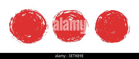 Brush sun rough. Set of grunge stamps with chinese rising sun. Freehand ink blobs and splashes. Rough brushstroke and grainy texture. Retro collection Stock Vector