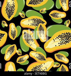 Seamless pattern with papaya. Whole papaya, half papaya. For backgrounds, textiles, tablecloths, kitchen, wallpaper, packaging. Stock Vector