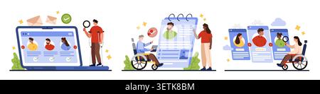 Vector modern inclusive recruitment process with diverse candidates, HR managers reviewing profiles on laptop and mobile screens, remote hiring workflow, disability accessibility, teamwork, isolated Stock Vector