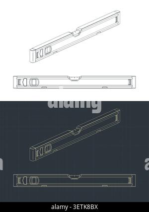 Spirit level isometric technical blueprints, stylized vector illustrations Stock Vector