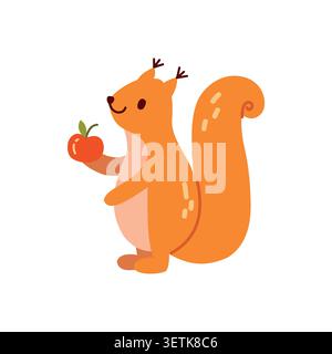 Cute squirrel holding apple in minimalist scandinavian style, flat doodle forest animal character for baby nursery, print and kid book Stock Vector