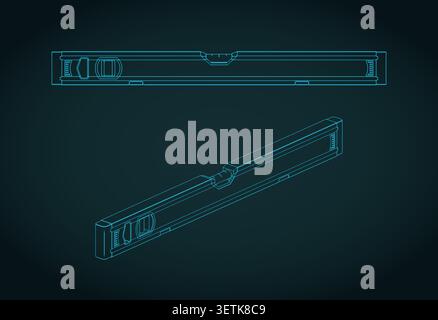 Spirit level isometric technical blueprints, stylized vector illustration Stock Vector