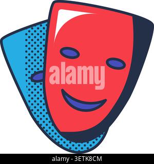 Minimal flat theater masks icon with simple geometric design, featuring colorful comedy and drama illustration in modern performing arts style Stock Vector