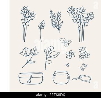 Hand drawn spring botanical elements and florist garden doodle set Stock Vector