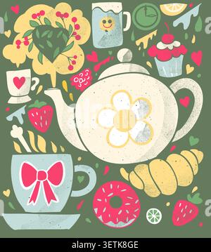 Whimsical tea time illustration featuring teapot, cups, pastries, berries, and desserts in charming retro textured style Stock Vector