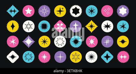 Vector retro star sticker badges collecton. Flat geometric sparkle icons, vintage burst symbols. Set of colorful circular labels, bold flat vector elements. Stock Vector