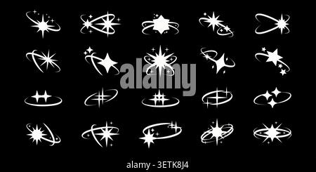 Set of vector futuristic Y2K black and white stars. Geometric abstract retro sparkles with retrofuturistic aesthetic. Stock Vector