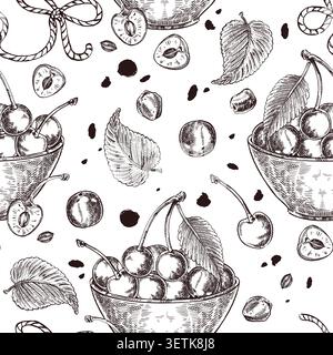 Seamless vector pattern with cherries in a vase, leaves, clusters of cherries, ribbons. All objects are hand-drawn in ink. Suitable for printing on fa Stock Vector