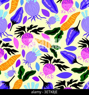 This is a bright and artistic seamless pattern featuring a whimsical variety of garden vegetables, including pink radishes, purple onions. Stock Vector