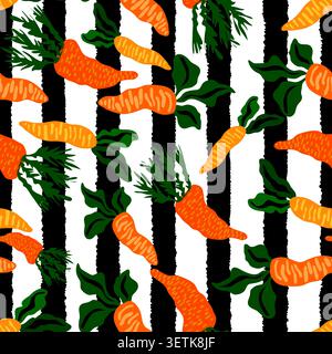 carrots on vertical black colored rough stripes with white background seamless pattern Stock Vector