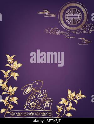 Editable Mid-Autumn Festival vertical portrait banner with golden rabbit, osmanthus branches and moon with copy space for social media, ads and web. Stock Vector
