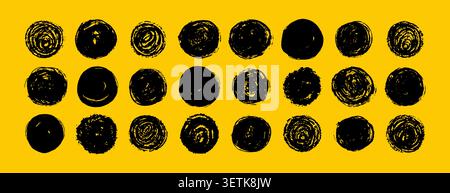 Brush sun rough. Black calligraphy circle. Ink blobs and grunge texture on yellow background. Abstract design element. Vector illustration Stock Vector
