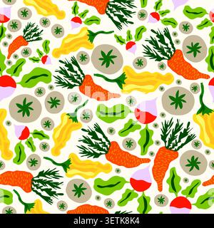 yellow pepper, carrots, grey tomatoes and red radishes seamless pattern Stock Vector
