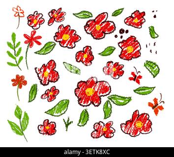 A set of simple children's flowers. Hand drawn. Not AI, vector illustration. Stock Vector