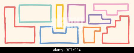 Doodle geometric frames set with wiggly borders. Irregular colorful bento style shapes collection Stock Vector