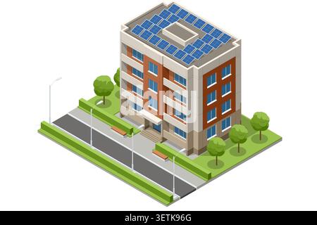 Isometric apartment building with solar panels, road, sidewalk and trees in a clean urban block. Modern residential architecture illustrates Stock Vector