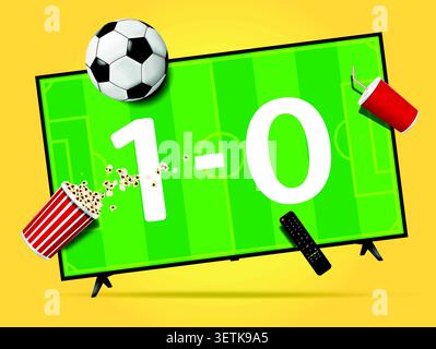 Soccer match on TV set concept. Levitation smart tv, remote control, popcorn, soda cup and soccer ball. Vector illustration. Stock Vector