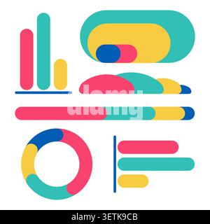 Modern infographic elements collection with rounded geometric shapes, colorful charts, progress bars, statistics diagrams, and dashboard components, s Stock Vector