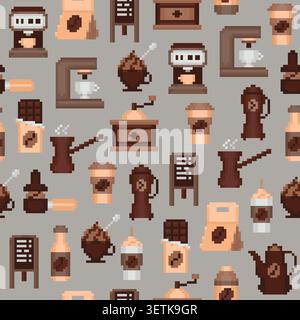 Pixel art coffee equipment, drinks, desserts, and cafe accessories seamless pattern in retro game style, featuring cozy beverage icons inspired by cof Stock Vector