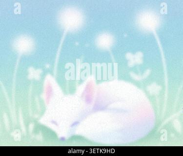 Dreamy sleeping white fox illustration in soft pastel style, featuring a peaceful woodland animal resting among glowing flowers and gentle nature elem Stock Vector