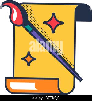 Paper and paint brush icon in flat outline style, featuring colorful creative tools for art, illustration, drawing, painting, and design projects Stock Vector