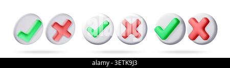 3D set of green check mark and red cross mark Stock Vector