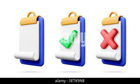 3D clipboard with check mark and cross symbol set. Stock Vector