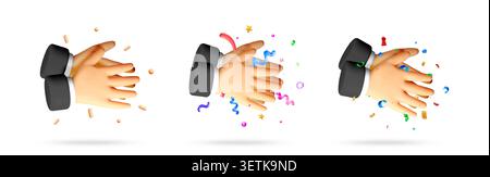 3D set of clapping hands with colorful confetti. Stock Vector