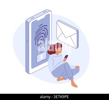 Girl logging into email with fingerprint. Biometric identification. Isometric illustration with phone icon for security app. Stock Vector