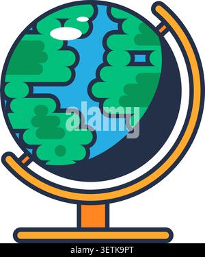 School globe on stand. Model of planet Earth with continents for studying structure of hydrosphere and continents. Futuristic stroked shadows and high Stock Vector