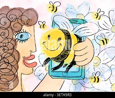 Curly haired woman holding a smartphone while a smiling bee flies out of the screen among blooming flowers in whimsical watercolor illustration about Stock Vector