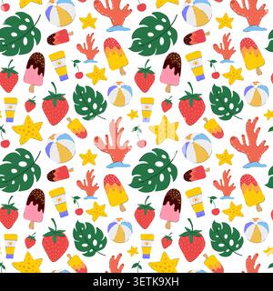 Summer beach vector seamless pattern. Tropical hand drawn design with fruits and ice cream, monstera leaves, coral, starfish and beach accessories for Stock Vector