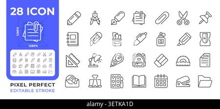 School and office essentials pixel perfect line icons set Stock Vector