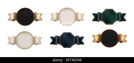Collection of luxury gold ribbon badges with round and octagonal blank labels in elegant three dimensional style isolated on a light background Stock Vector