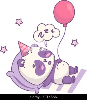 Cute Panda Sleeping Sweetly In Birthday Hat With Balloon And Snoring Zzz. Introvert Birthday. Vector Illustration. Resting Mascot Kawaii Bear Characte Stock Vector