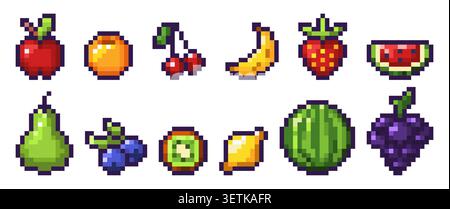 Pixel art fruit icons of strawberry, banana, lemon and cherry, vector food pictograms on white background. Watermelon, grape, sweet pear, apple, kiwi and orange in vibrant retro 8 bit game style Stock Vector