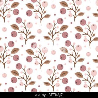 Vector seamless texture of cranberries on white background. Organic texture with berries and foliage. Ditsy textile for wallpaper and fabric Stock Vector