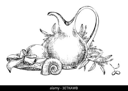 Ceramic jug with olive branch and straw hat line art sketch. Hand drawn black ink mediterranean still life with seashell isolated on white for olive Stock Vector