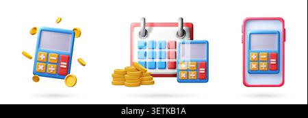 3D set of calculator with coin, calendar and phone Stock Vector