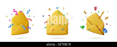 3D set of envelope with colorful confetti Stock Vector