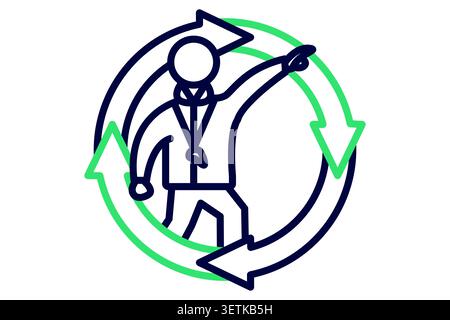 Continuous learning line icon. of a coach pointing forward, enclosed within two circular, rotating refresh arrows Stock Vector