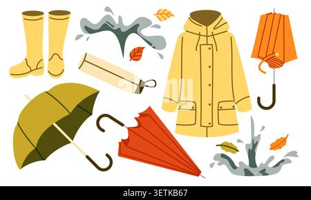 Autumn Rain Vector Set Raincoat Boots Umbrella Stock Vector
