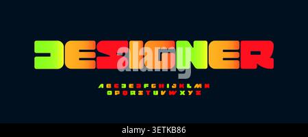 Heavy Geometric Font Colorful Gradient Logo Alphabet, Bold Squared Letter Set, Sturdy Coloured Typography. Creative Typographic Design for Vibrant Stock Vector