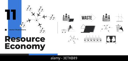 Industry, environment and resource management black and white 2D objects set Stock Vector