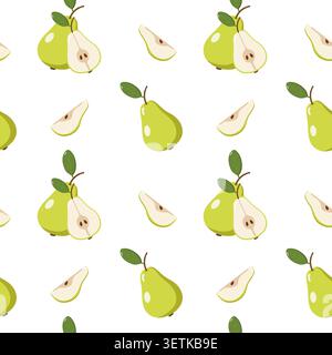 Seamless pear pattern with whole, halved, and sliced fruits with green leaves on white background, perfect for fabric, wallpaper Stock Vector
